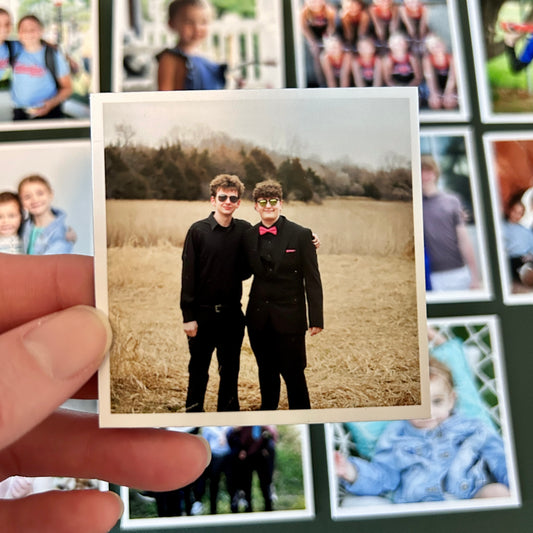 Two people in formal attire standing in a field, with a collage of other photos in the background.