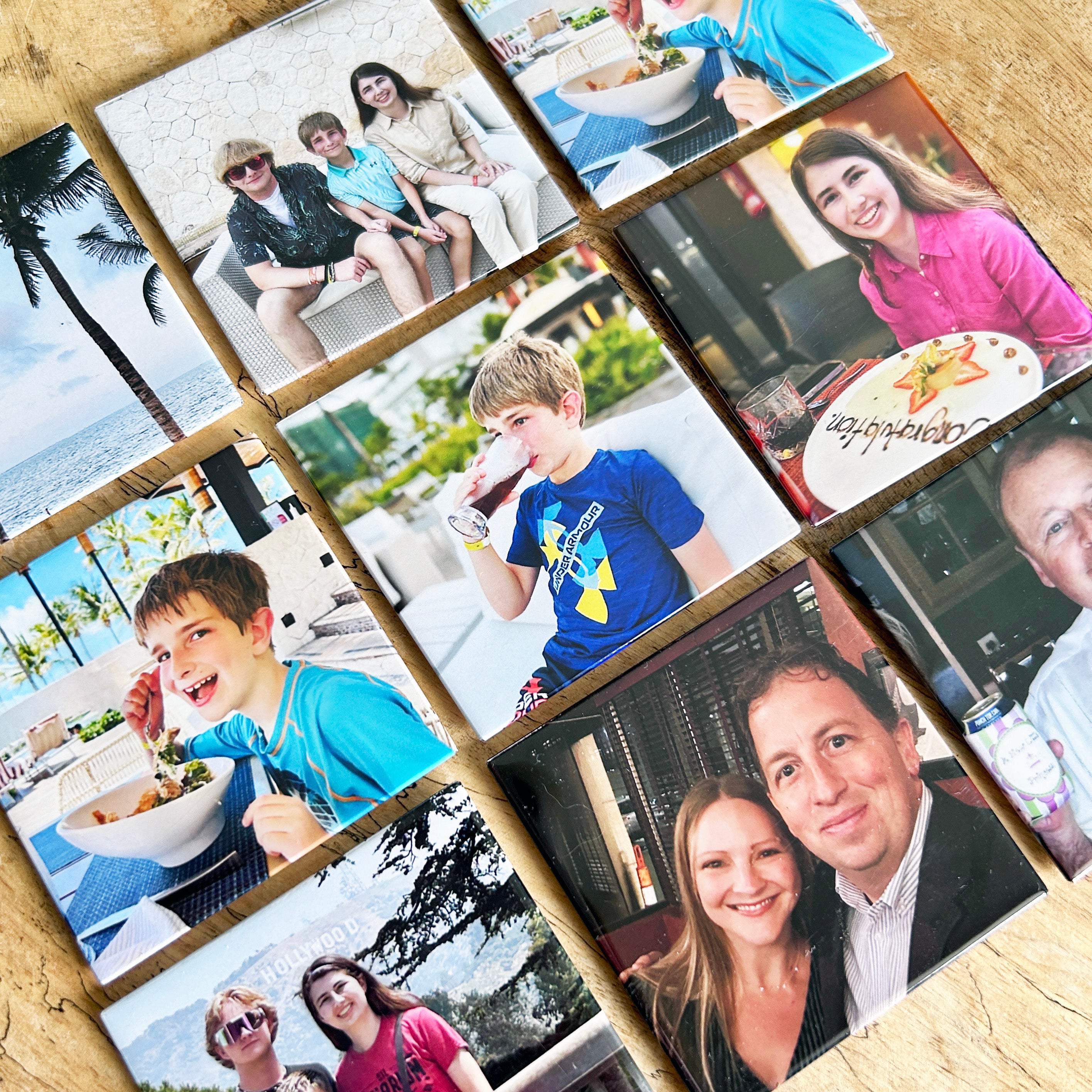 Set of nine, 2.5" x 2.5" square photo magnets set up in a square grid